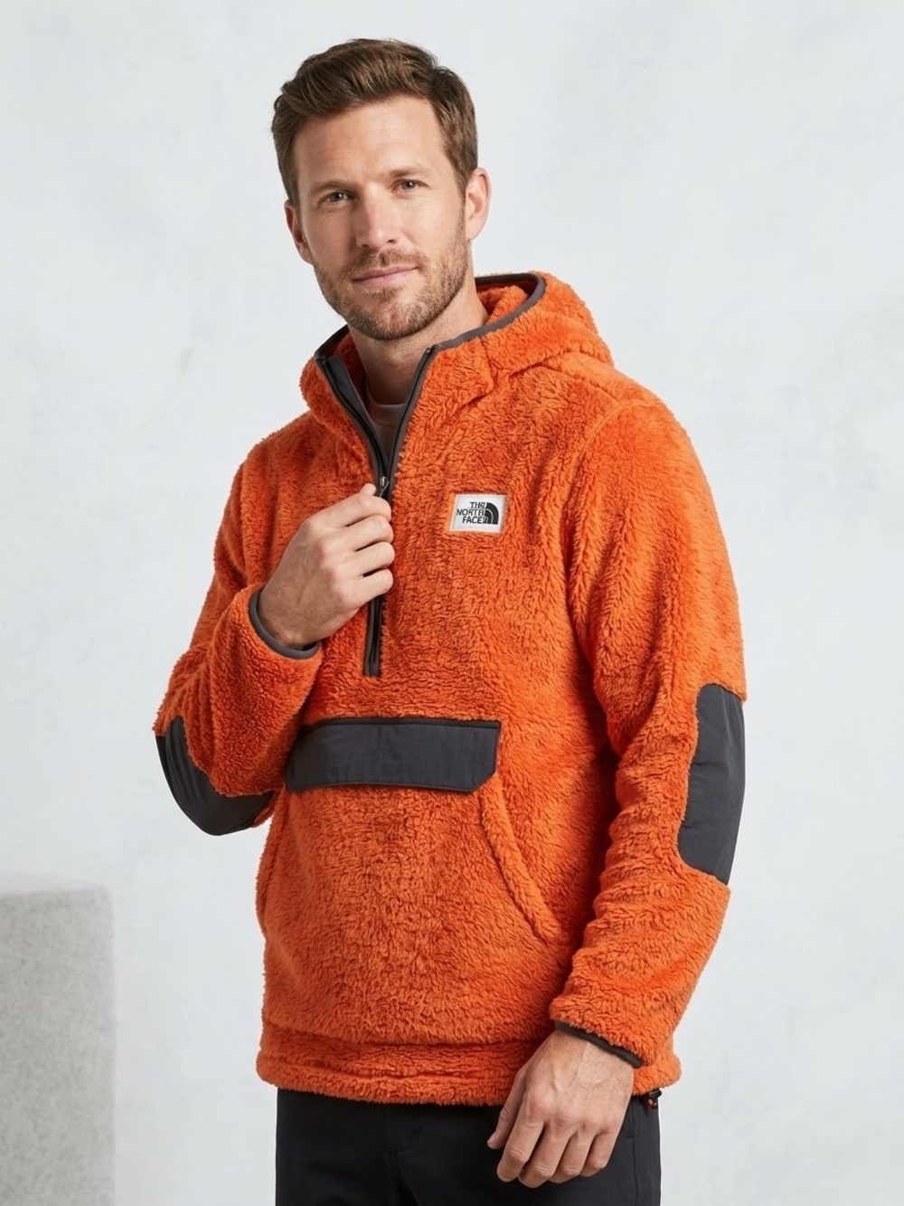 The North Face Men's Orange High Pile Fleece Anorak Hoodie Pullover sz Large